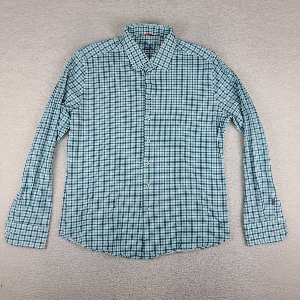 Stone Rose Shirt Mens XL Teal Check Plaid Hi Tech‎ Dress Wear Lined Button Up